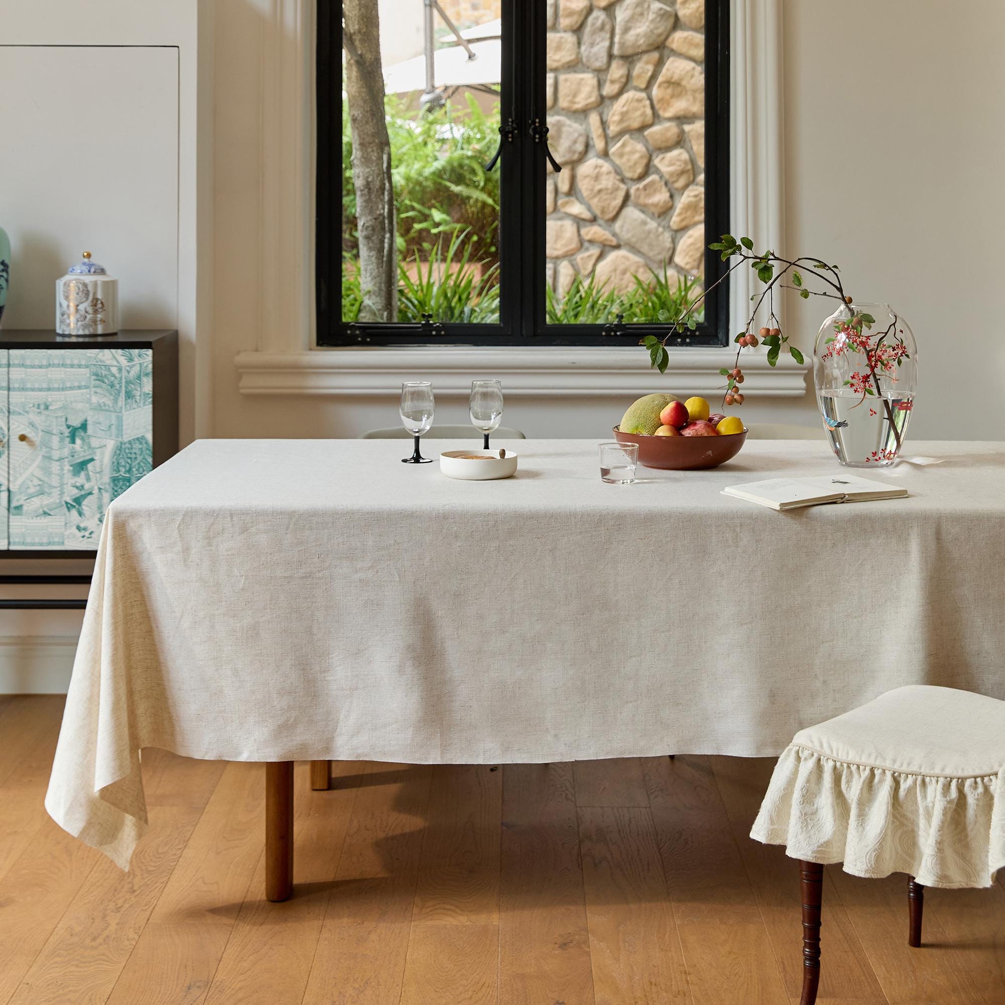 Beige linen plain tablecloth