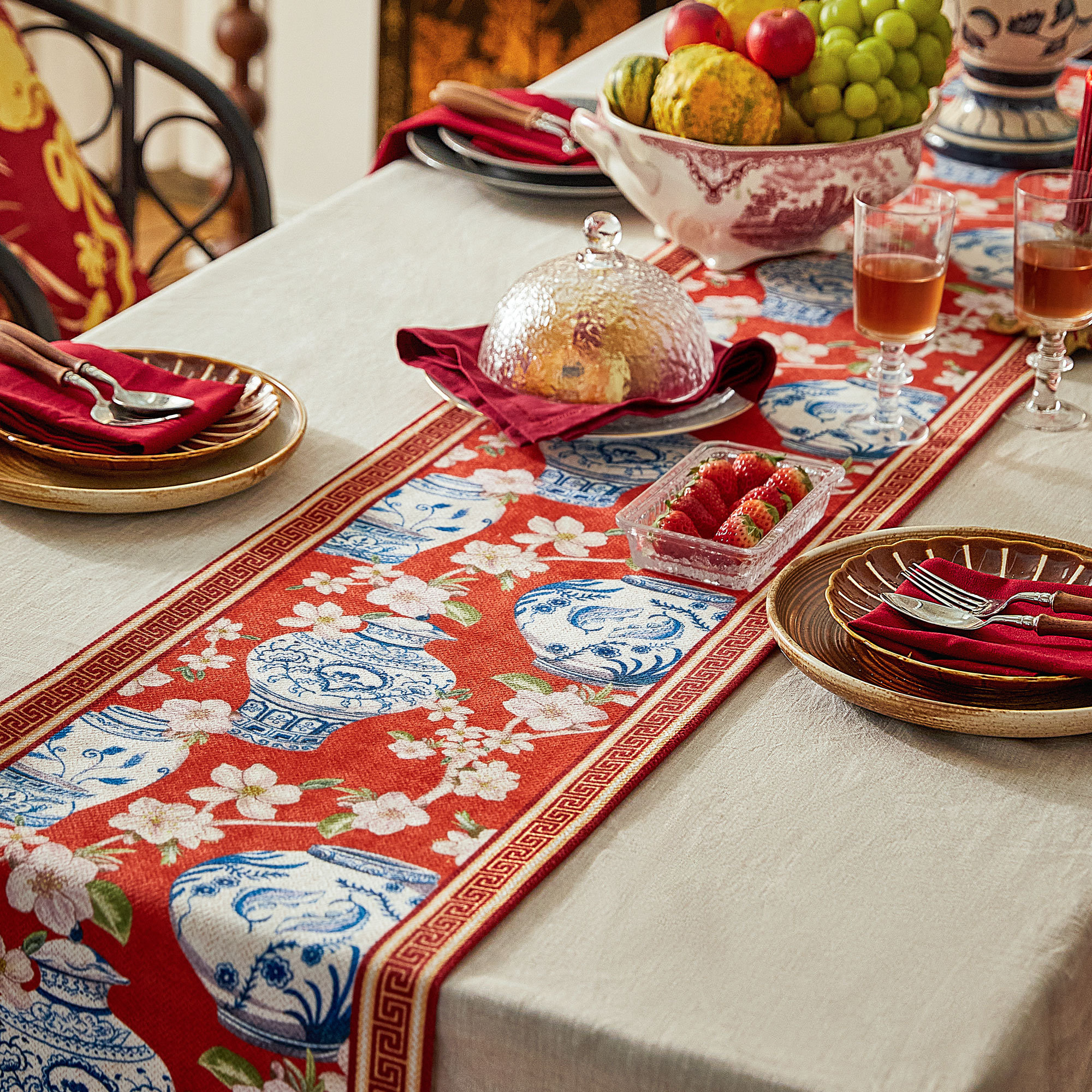 Blue and white porcelain plum blossom table runner