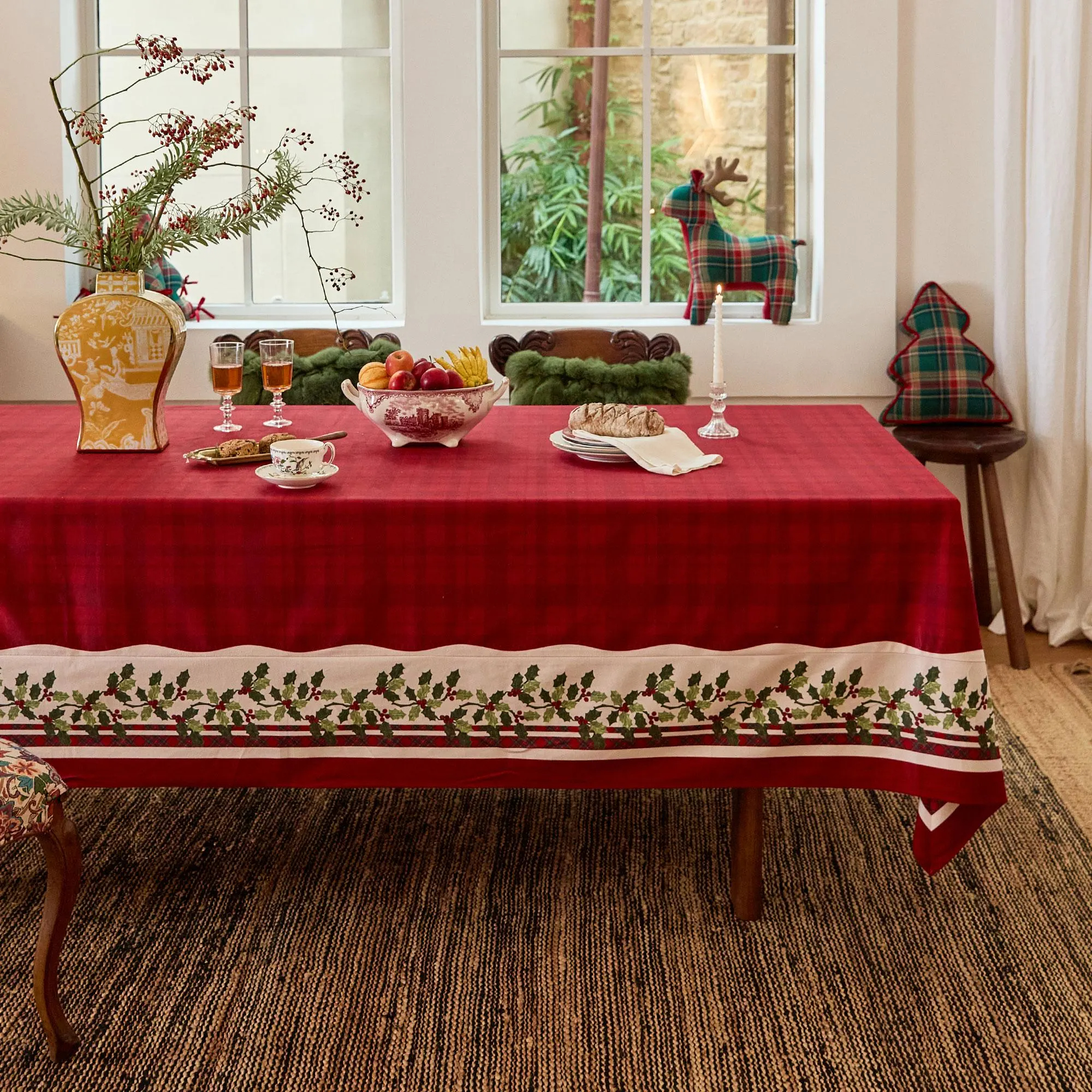 Burgundy Plaid Holly Border Tablecloth