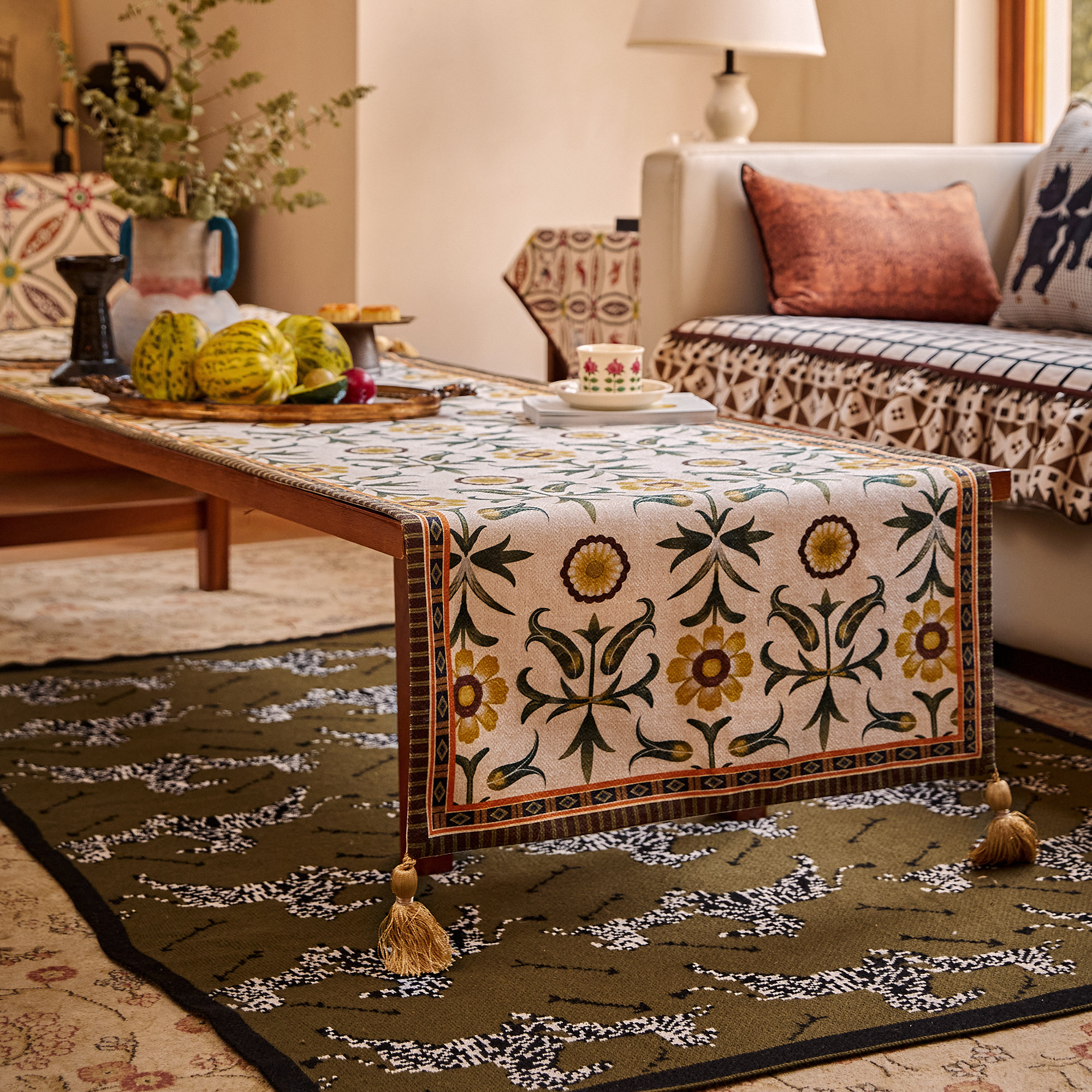 Ethnic floral tassel table runner