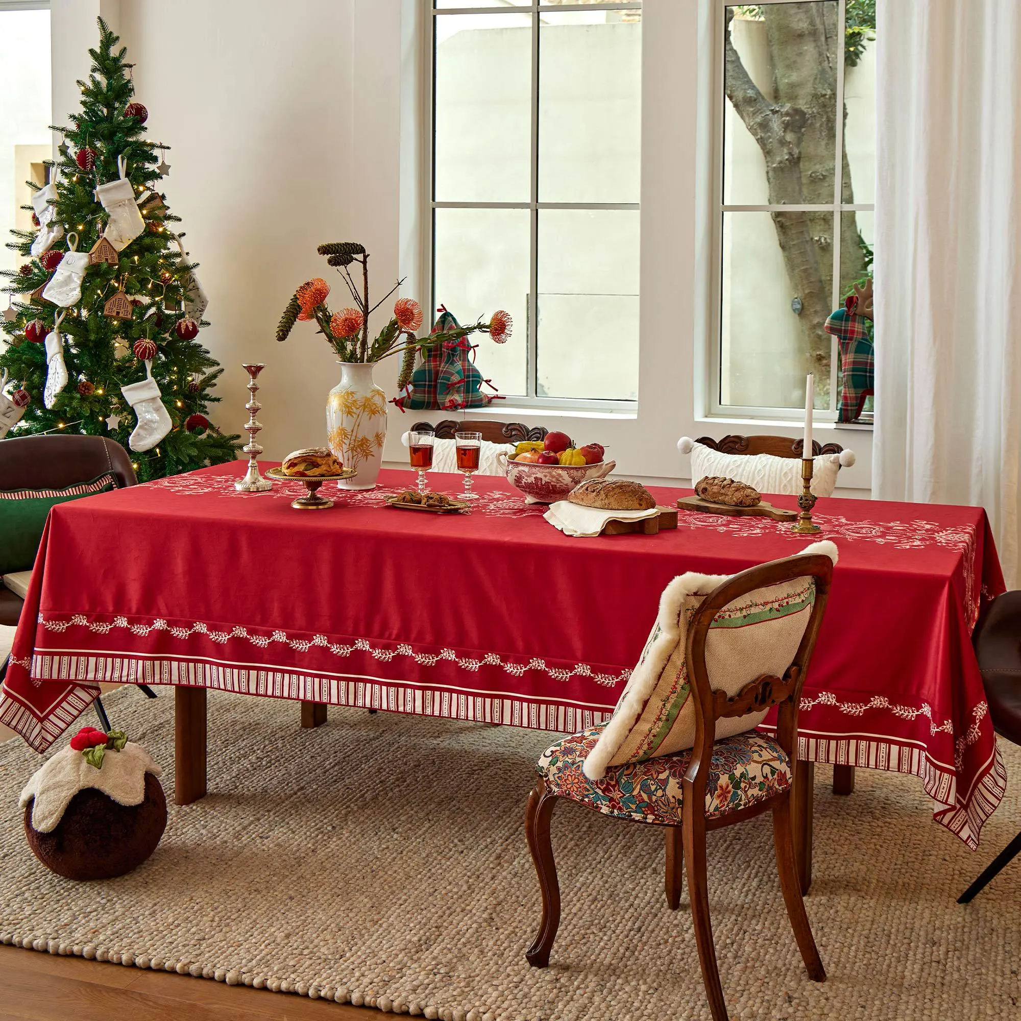 Festive Red Flower Border Tablecloth