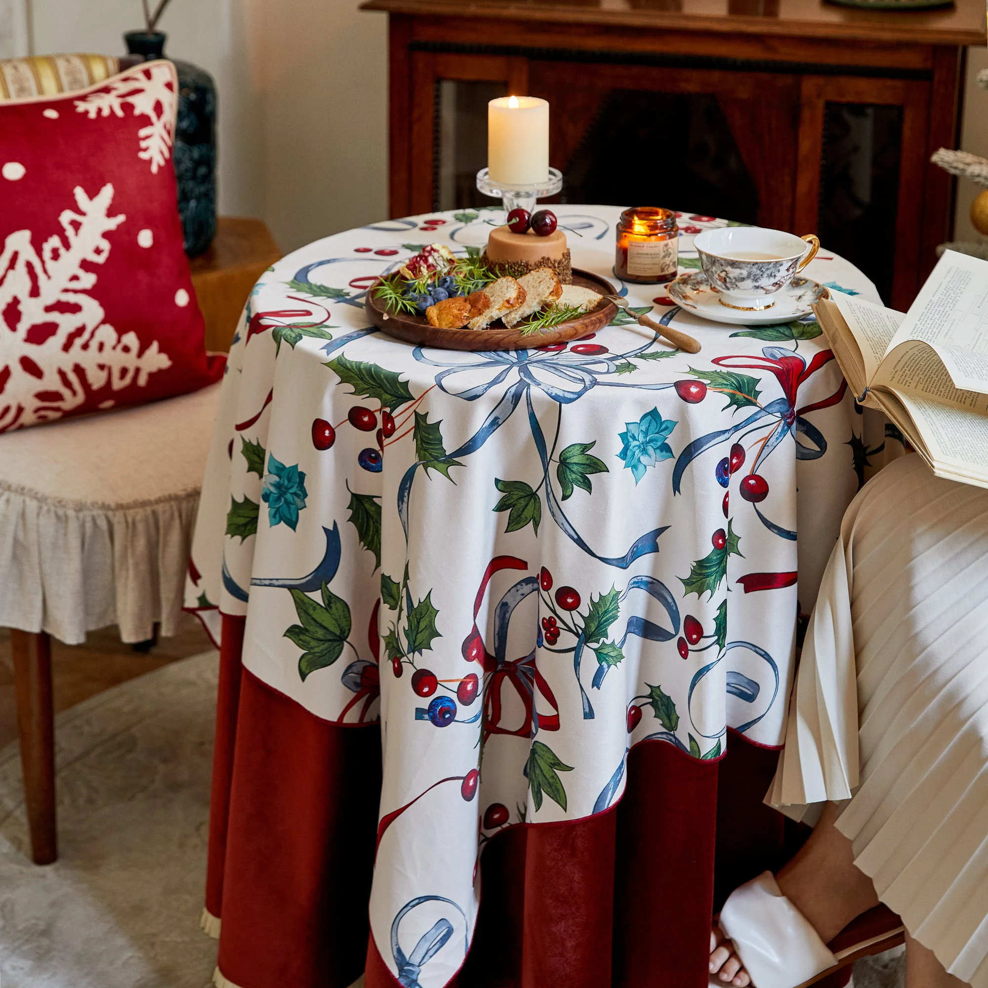 Festive Ribbon and Holly Berry Tablecloth