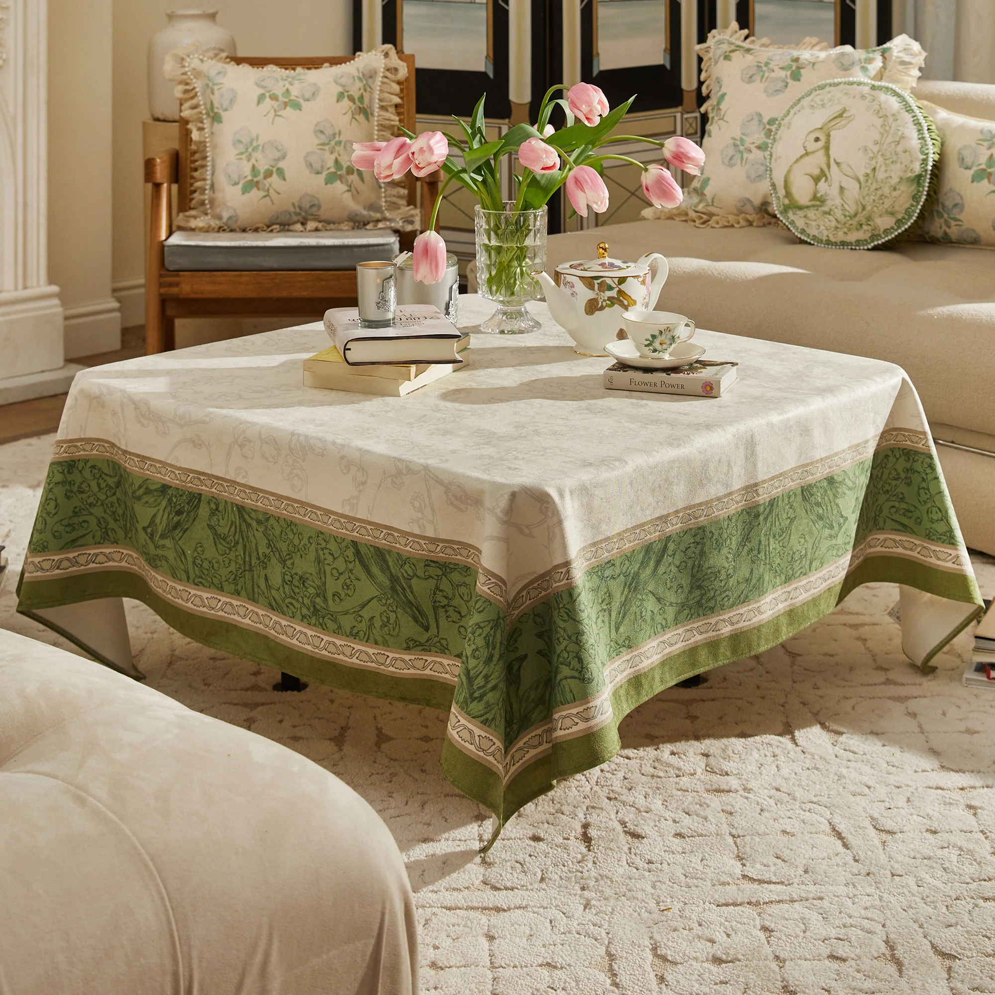 French botanical print border tablecloth