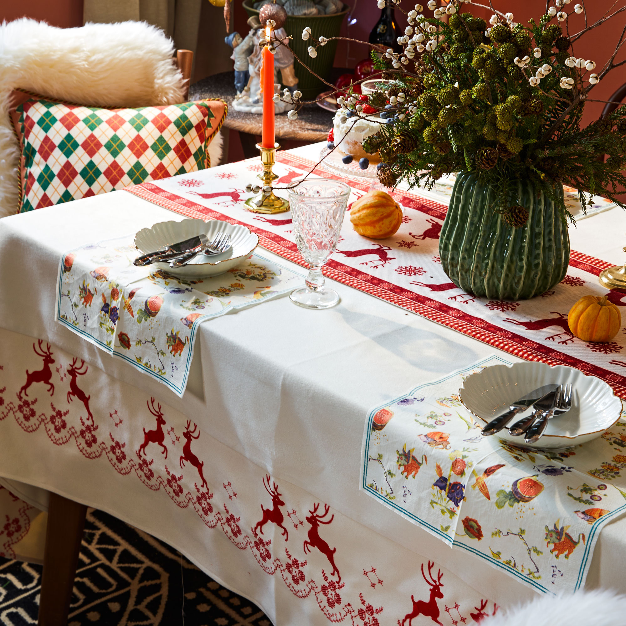 Nordic cross-stitch elk tablecloth