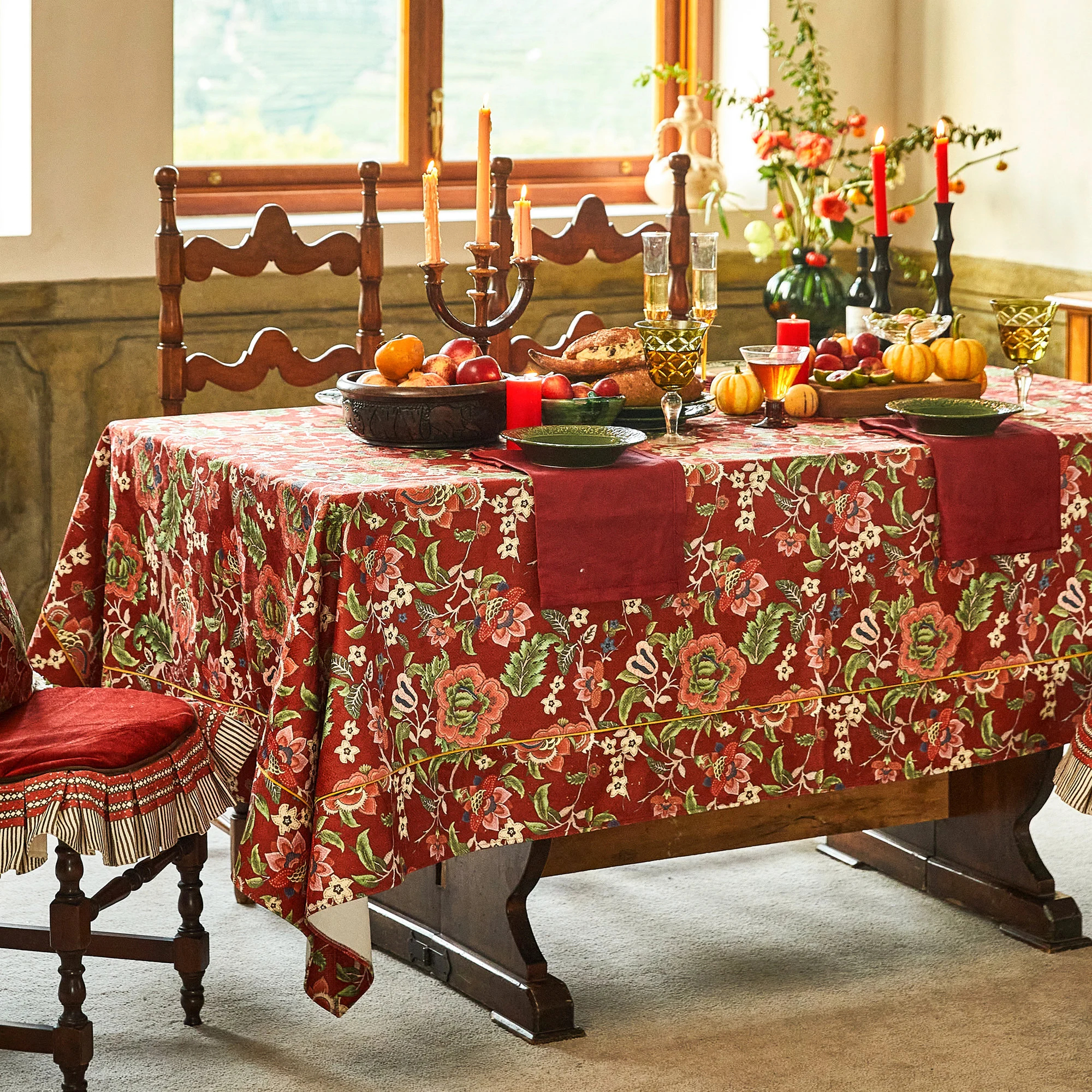 Terracotta Red Plant Embroidery Tablecloth