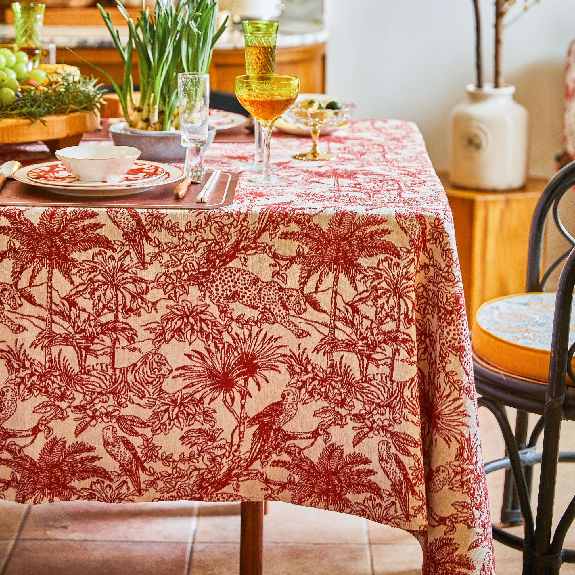 Terracotta Red Tropical Jungle Print Tablecloth - Image 8