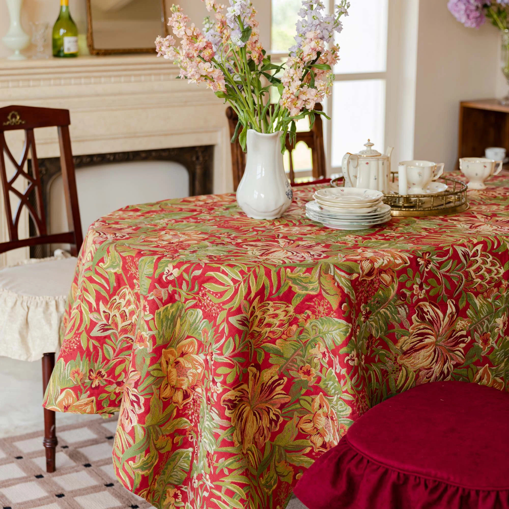 Vermillion tropical floral tablecloth