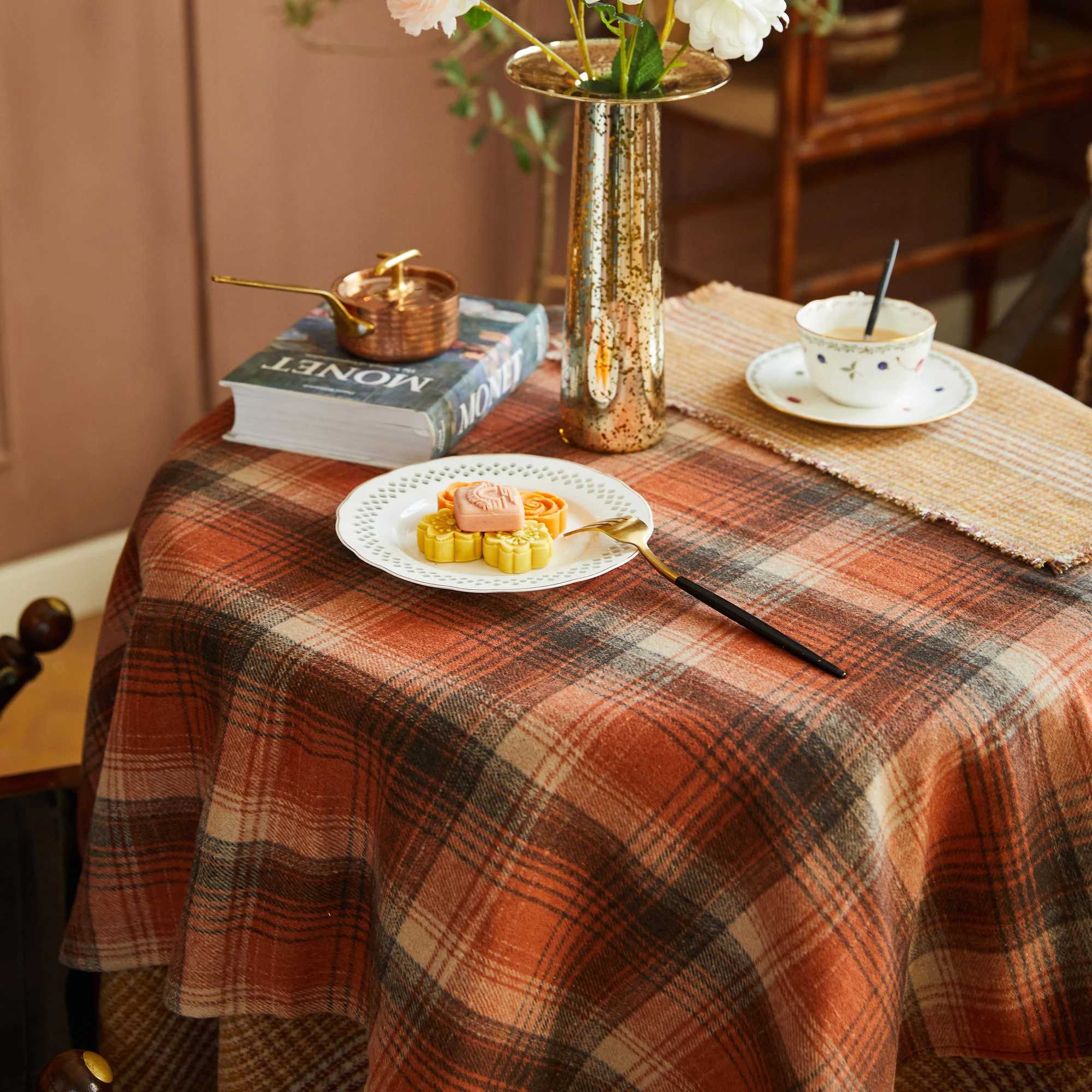 Warm plaid layered tablecloth